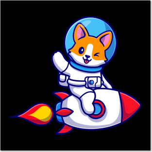 Cute Corgi Dog Astronaut Riding Rocket And Waving Hand Cartoon Posters and Art